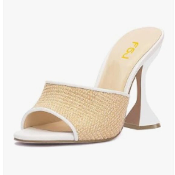 FSJ White High Heel Mules Open Toe Slip On Comfort Sexy Slides Sandals Slippers - Picture 1 of 8